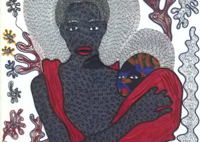 Lizette Chirrimi, Mother Maria on her skin, Fabric collage and stitched leather rope on canvas, 2019, 168 x 107cm, Courtesy of WORLDART Gallery