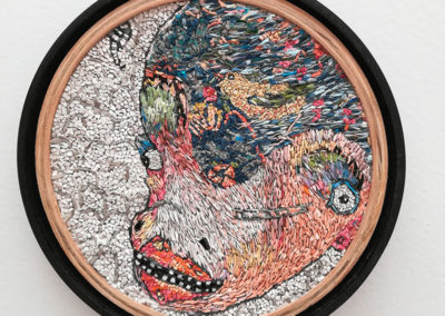 Marlise Keith, Mumble-maid, In collaboration with Leonard Peters, 2018 gradaute of the Spier Arts Academy, Micro-Mosaic, hand-cut stone, smalti and kerabond on MDF, 2018- 19, 14cm in diameter