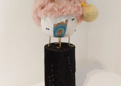 Marlise Keith, Her name is Lola, Bun foot, Acrylic Ink, Gesso, found objects, fabric, polychromos pencils, 2019