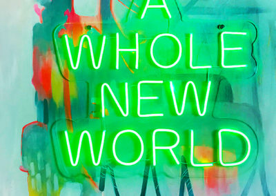 Elmarie van Straten, A Whole New World, 2021, Mixed media and neon light on board,110 x 80cm